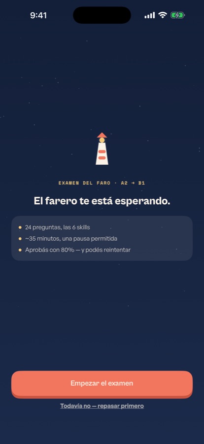 La pantalla del examen del faro, con el faro encendido sobre un cielo estrellado.