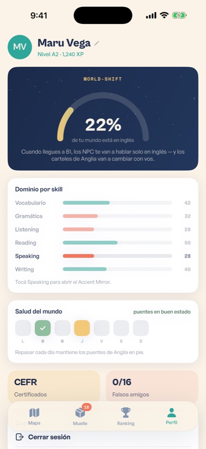 El perfil con el dial de World-Shift y el dominio por skill.